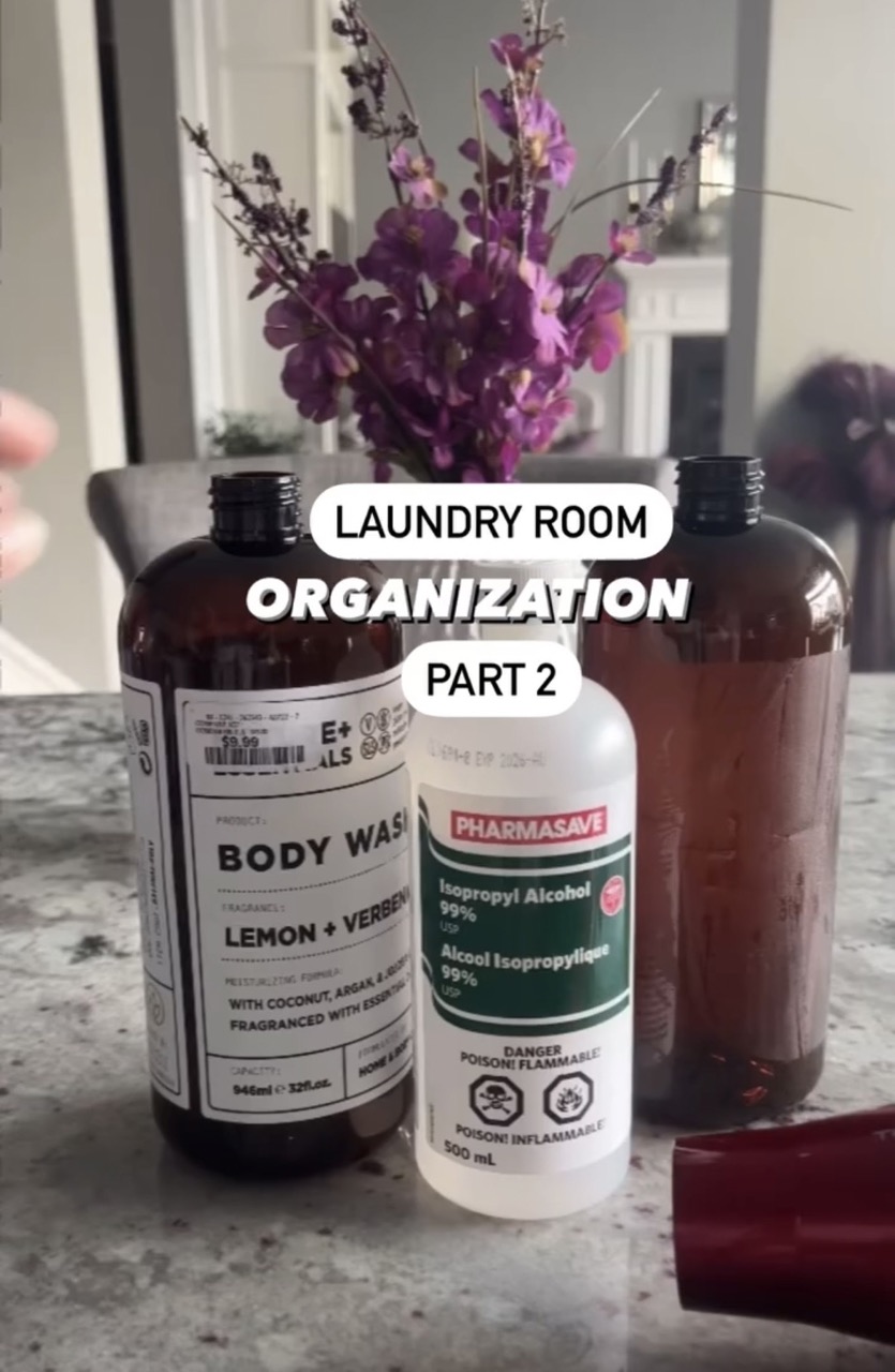 image of laundry room organization showing body wash bottle and rubbing alcohol