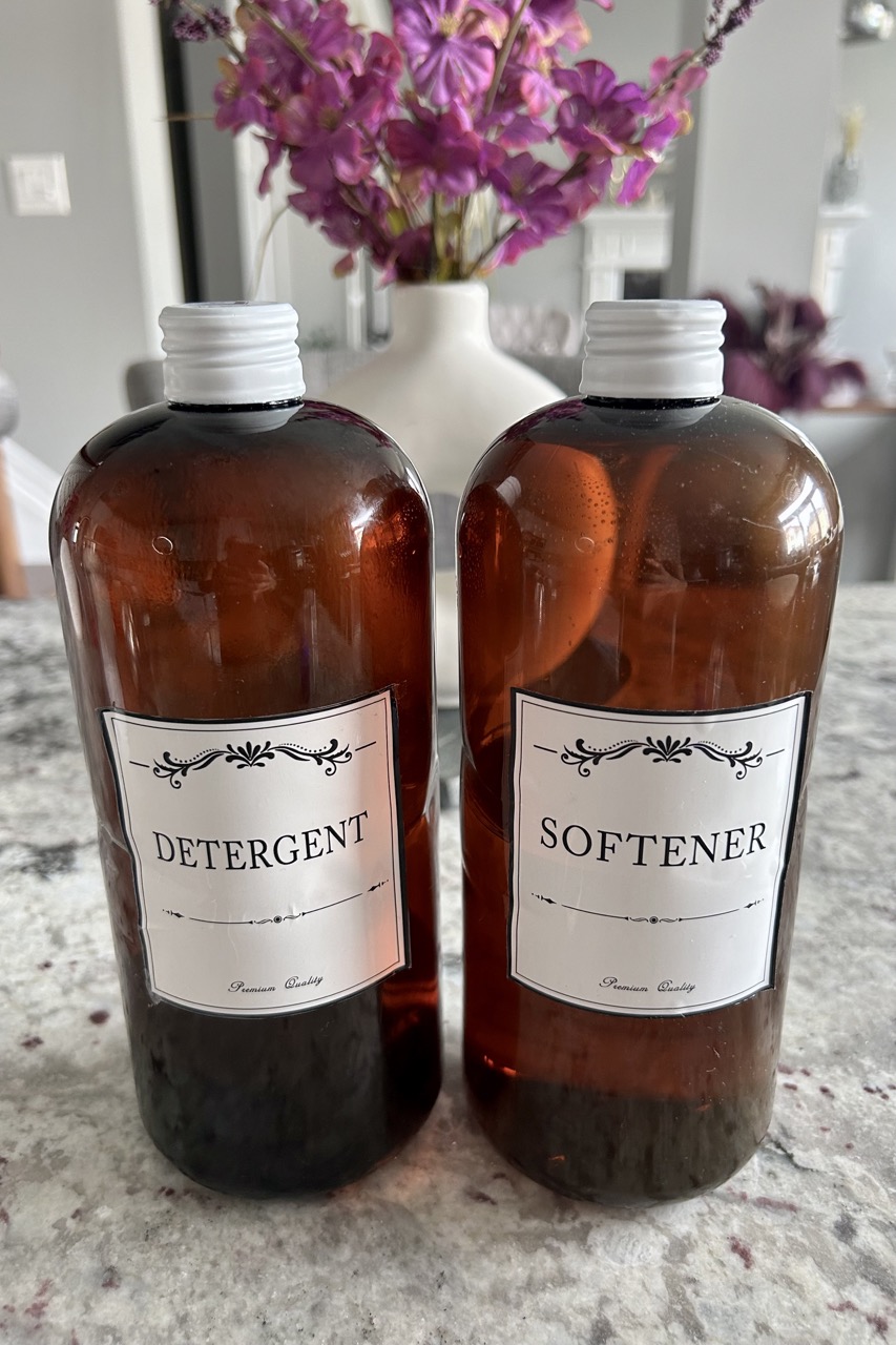 close up Image of brown diy detergent bottles with new white labels