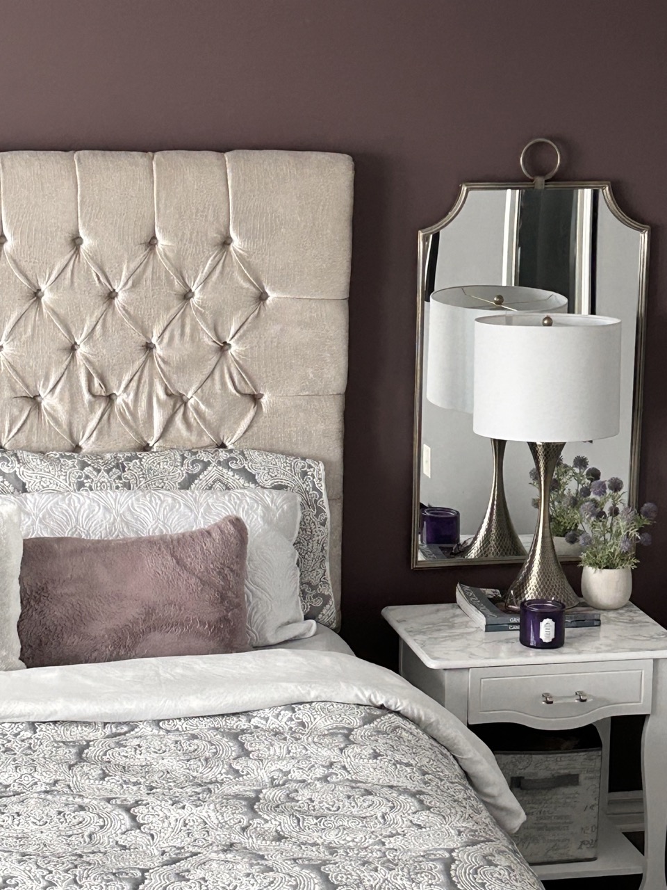 image of bedside table diy makeover with white table and lamp