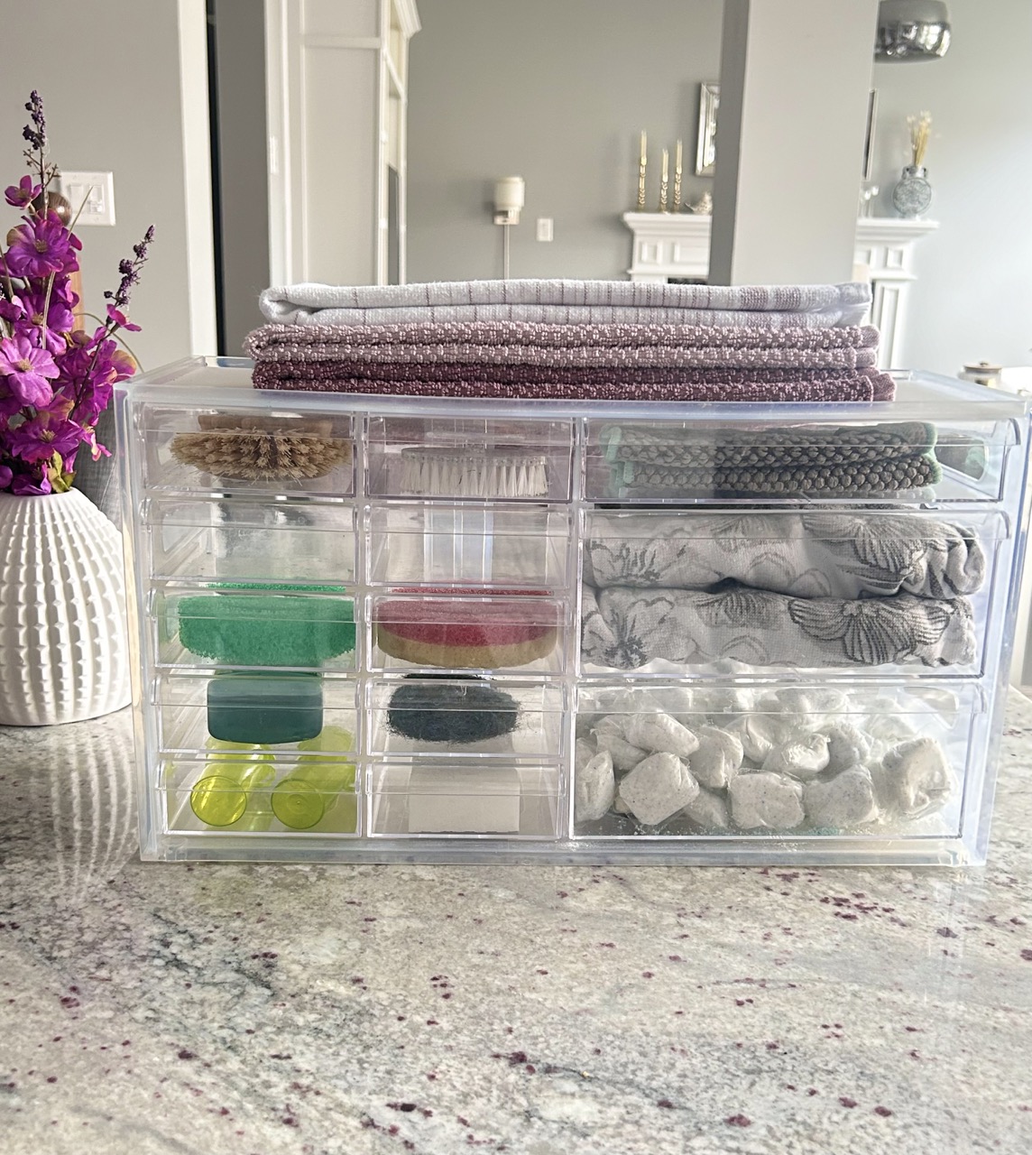  reveal image of kitchen sink cabinet organization ideas showing organizer filled with cleaning supplies